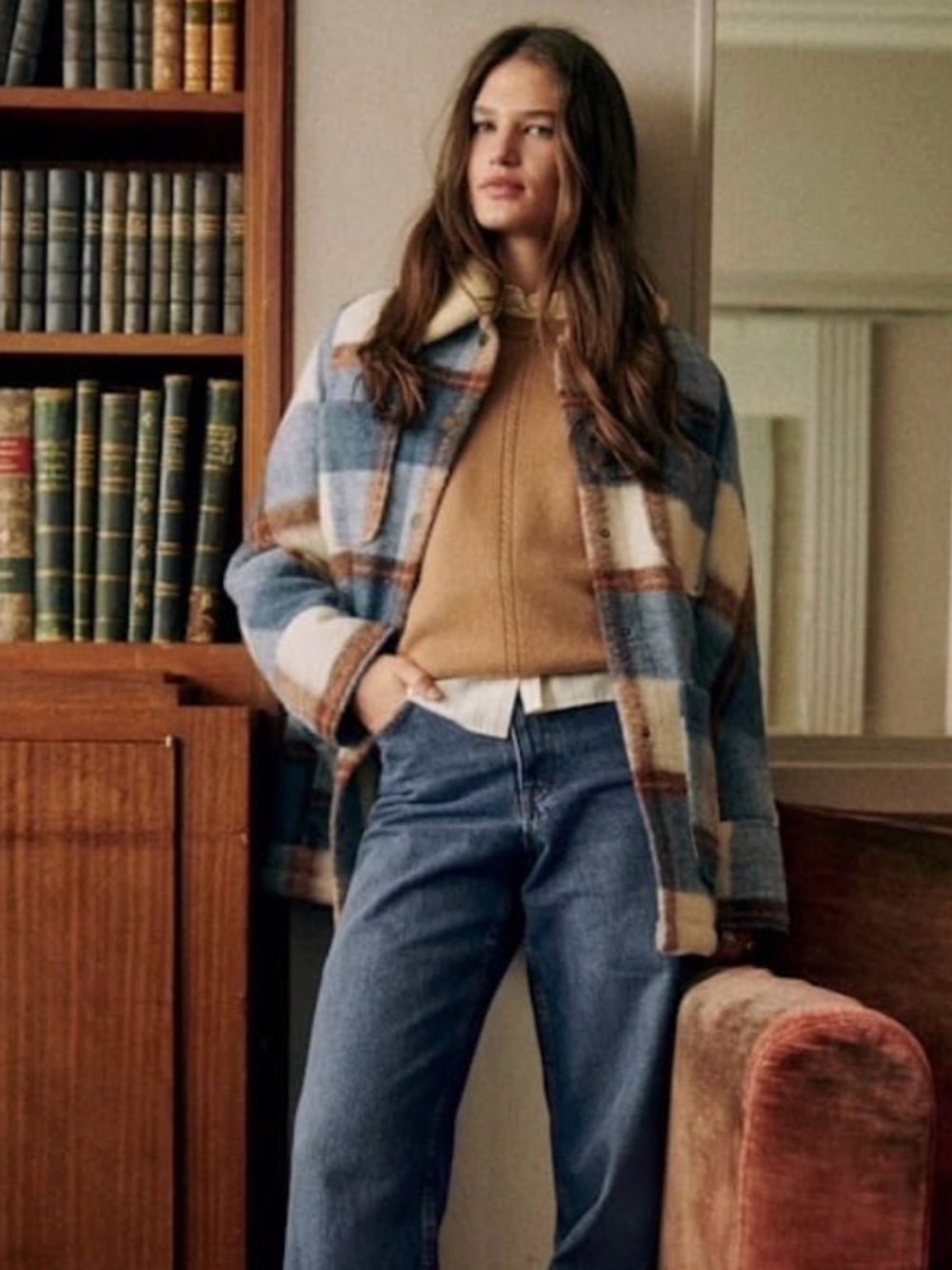 Sézane Armando Coat Rust Blue Check Wool Blend Sherpa Lined Women’s 36 US 4 NWT